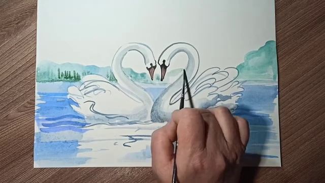 Два лебедя - рисунок акварельными красками.