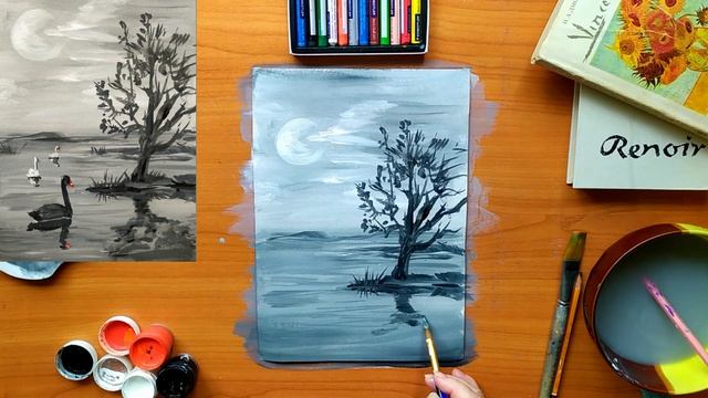 Простой пейзаж для начинающих. Монохромная живопись | A simple landscape. Monochrome painting.