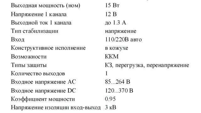 NES-15-12 Блок питания, 12В, 1.3А,15Вт смотреть онлайн