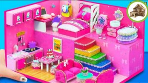 Миниатюрный розовый домик мечты с ванной комнатой, кухней, спальней и гостиной из картона /188