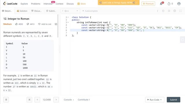 Convert Integer to Roman numeral - LeetCode Problem 12  Coding Challenge in C++ #leetcodesolution