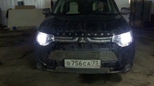 Mitsubishi Outlander тюнинг оптики установка ДХО+ биксеноновых модулей и ангельских глазок