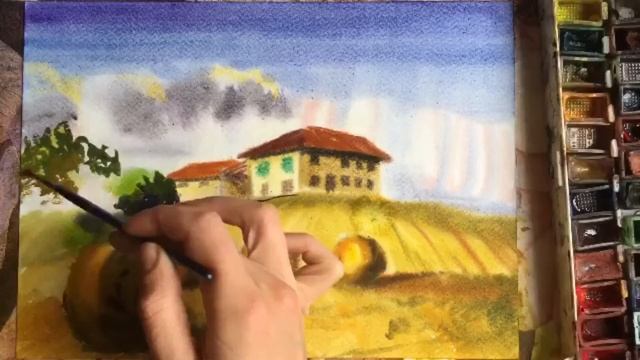 #DIY Italy Landscape #Watercolor  #Painting. Online art courses/Autumn Tuscany #stayhome #домалучше