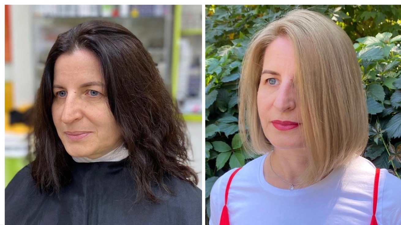 Из чёрного цвета в пепельный, бежевый блонд + Техника стрижки - каре на удлинение, на одну сторону смотреть онлайн