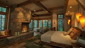 УЮТНАЯ АТМОСФЕРА. Камин и пение птиц в лесном доме