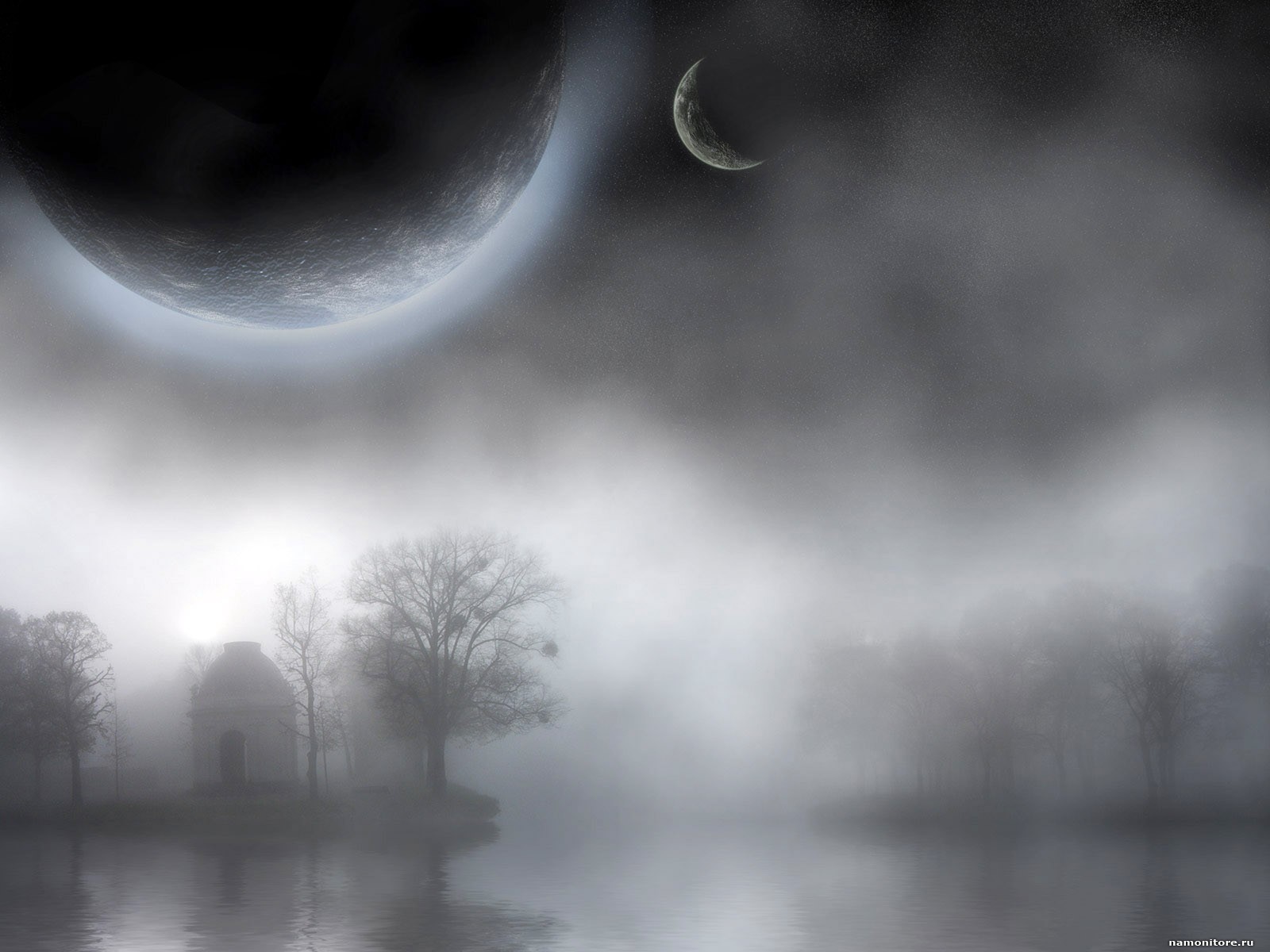 Тьма пелена. Мистический фон. Месяц в тумане. Серая ночь. Луна в тумане.