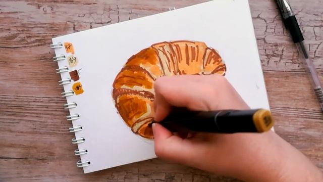 Как нарисовать КРУАССАН | Рисуем еду маркерами| Скетчинг для начинающих