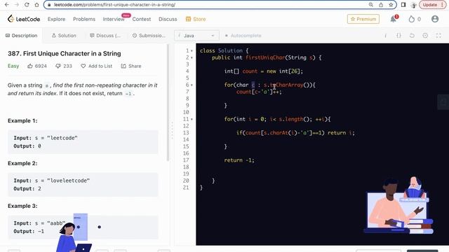First Unique Character in a String | Leetcode Java