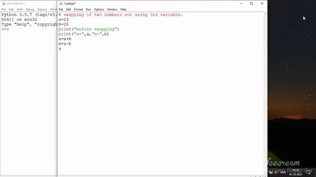 In Python swapping of two number not using third variable | IDLE SHELL | full code with output