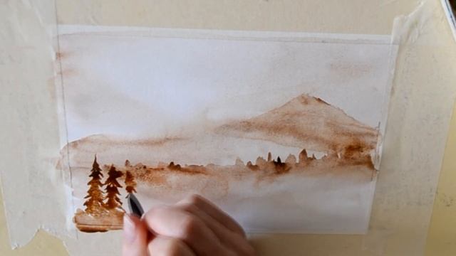 Акварель, горы, ёлки. Пейзаж в технике гризайль. Подробное видео
