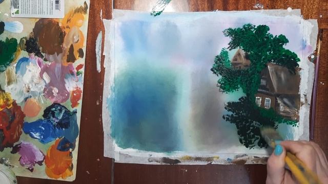 Как нарисовать домик в деревне. Рисуем деревенский пейзаж гуашью. Как нарисовать сирень. Лето гуашь