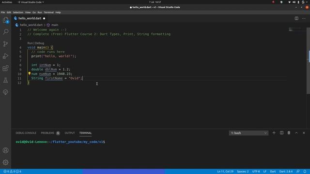 1.2) Dart Types, Print, String interpolation, Arithmetic  |  Complete (FREE) Flutter Course