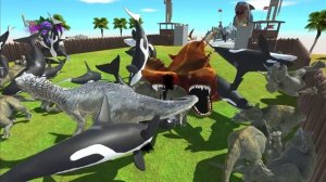 Dinosaurs revolt battle with Godzilla 2014 + Indominus Rex + Giganotosaurus VS Team Megalodon Rex