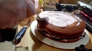 Торт из коржей ,с прослойкой из зефира и банана  с десертом и сливочным кремом.