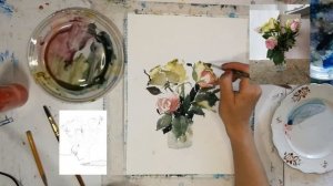 Цветы акварелью. Букет из садовых роз. Подробный урок. #рисование #цветы #этюд #мастер-класс