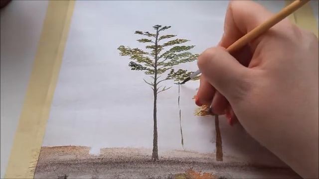 Простой пейзаж акварелью. Лес на реке.