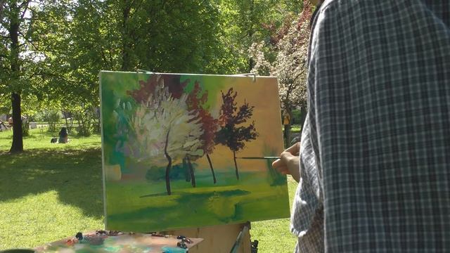 Картина маслом "Цветущие яблони в Юсуповском парке". Пленэр смотреть онлайн