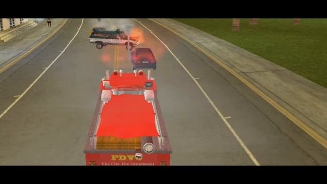 Мультик из игры, пожарная машина тушит пожары