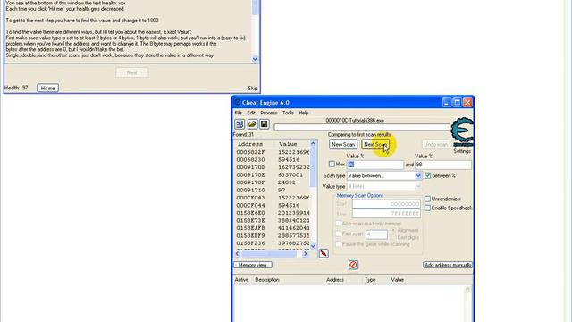 How to use the percentage scan effectively in Cheat Engine 6 with a displayed value