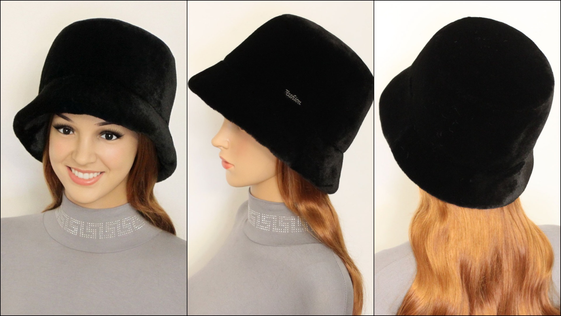 Женская шляпка "Панама" из искусственного меха )из экомеха) чёрного цвета