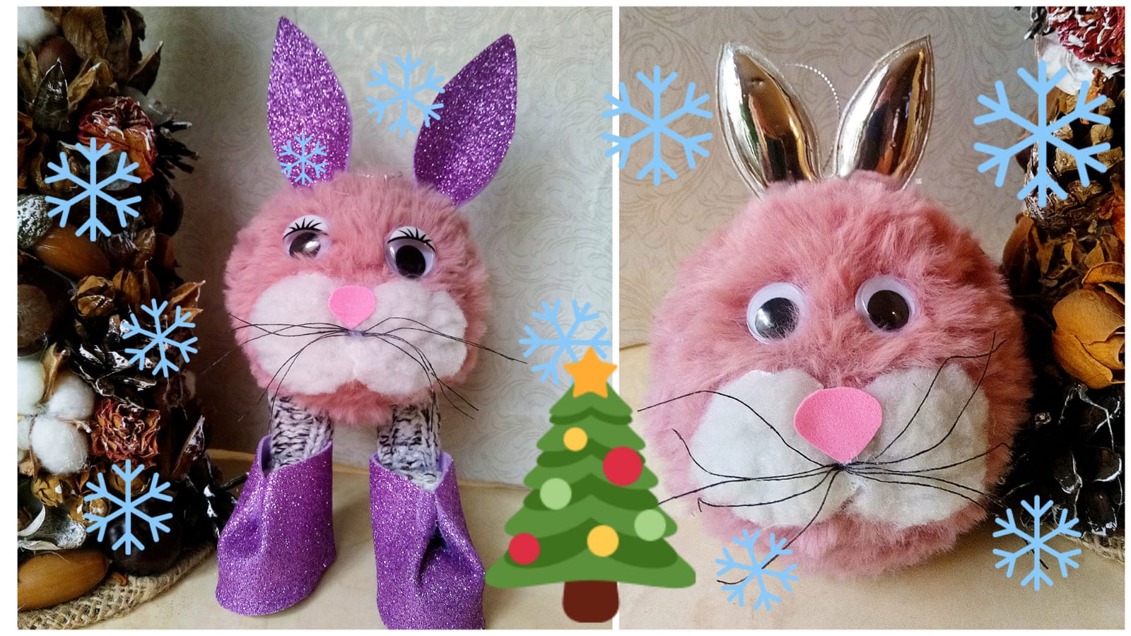 Пушистые кролики/зайчики из пряжи и новогодних ёлочных шаров своими руками. смотреть онлайн