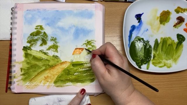 Быстрый легкий скетч акварелью в скетчбуке. Дом у дороги. Использую акварель в тюбиках от Малевичь