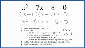 How to Solve x^2 - 7x - 8 = 0 by Factoring