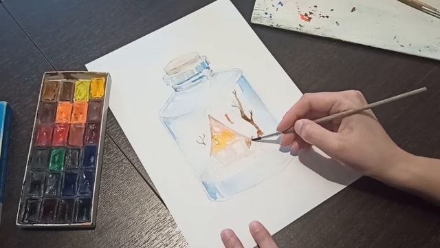 Зимняя иллюстрация Домик в бутылке акварелью/ Зимний пейзаж/ A house in a bottle with watercolor смотреть онлайн
