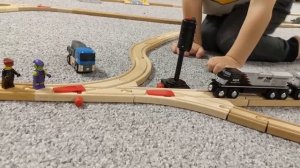 Whittle Shortline Railroad & ChooChoo Track wooden trains. Crashing with Lego people and Spiderman