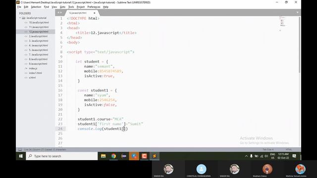 12. Object JavaScript | JavaScript tutorial | Semant Sir @MultistarSemant.mishra