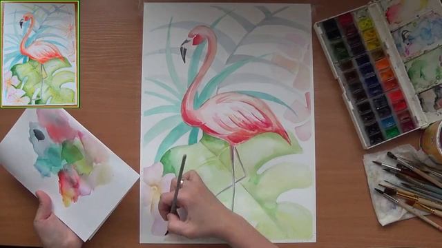Как нарисовать фламинго. Фламинго акварелью. Акварель