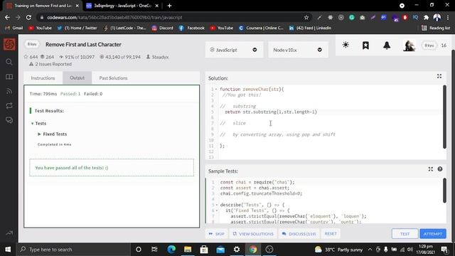 Remove First and Last Character from a string using 3 ways in Javascript- Codewars