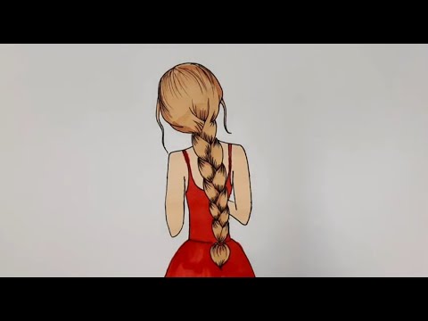 как нарисовать ДЕВУШКУ с косой в красном платье_How to draw a GIRL with a scythe in a dress