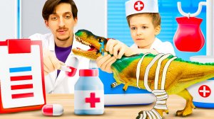 Видео про игрушки и Игры в больничку. Игрушечный динозавр повредил лапку. Больница для животных.