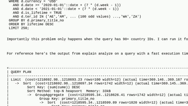 Dba: Select query with 90+ parameters intermittently 20x slower on RDS PostgreSQL instance when u.. смотреть онлайн