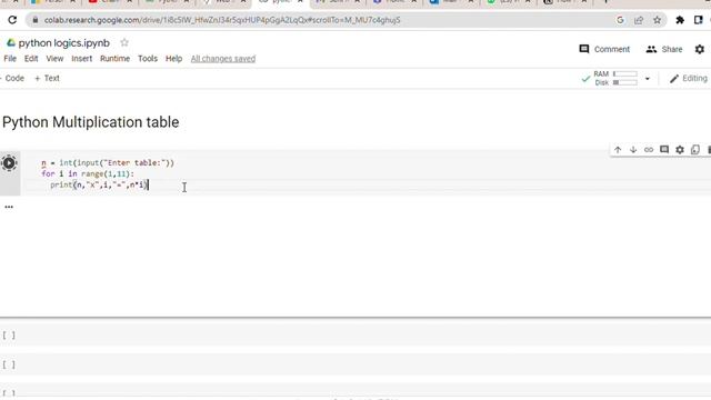 Multiplication table using python #python #pythonexamples