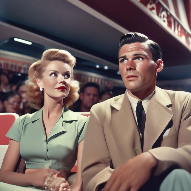 стильный мужчина и женщина смотрят старый фильм