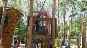 Дети играют на деревянной детской площадке, качаются на качелях. Веревочный парк.