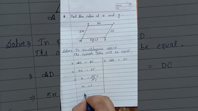 Find the value of x and y in parallelogram #mathematic #one #shortsvideo #studywithme#class