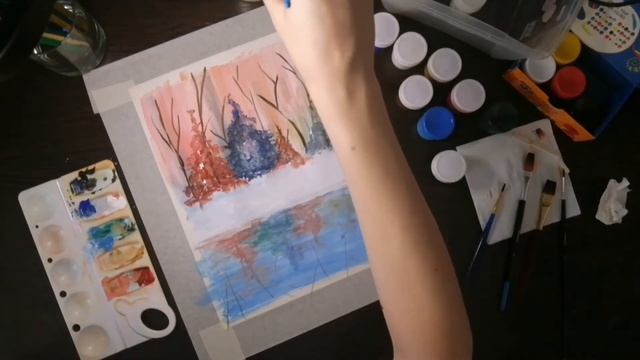 Зимний пейзаж. Гуашь смотреть онлайн