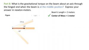 Problem 7.34  The 2 meters long, 15 kg beam is hinged at its left end. (Gravitational Torque)