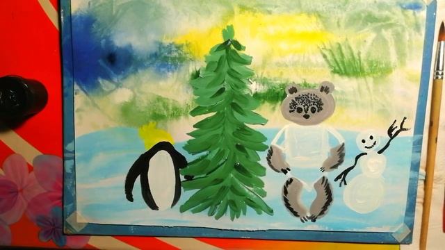 Как нарисовать как пингвинёнок мишка и снеговик ёлку нарядили.