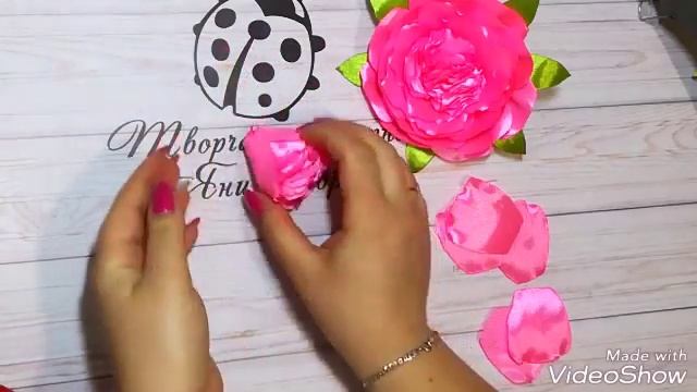 Мастер клас пионовидная роза из атласной ленты 5см/rose from satin ribbon 5cm DIY