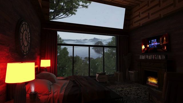 ☔️ Дождь БЕЗ гроза И МУЗЫКИ за окном уютной спальни и теплый камин для сна ?| Шум дождя для сна