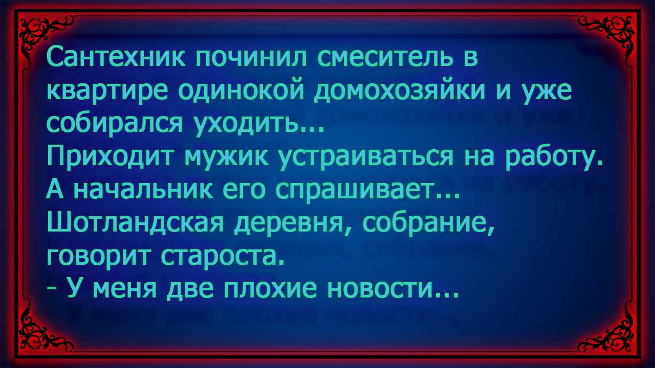Сантехник починил смеситель в квартире одинокой домохозяйки. Деревня, собрание, говорит староста.
