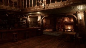 Средневековая таверна три метлы с дождем и теплым камином в городке Хогсмид