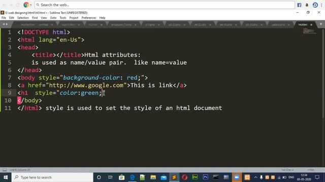 Html attributes, background colors, text colors, font size,font family,style attribute.