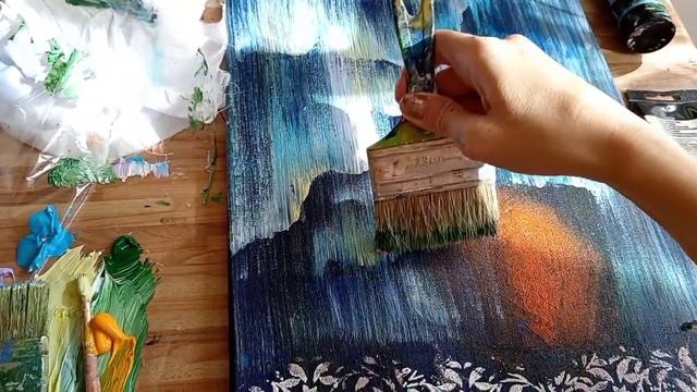 Картина с северным сиянием. Техника акриловой живописи. Northern lights painting. Acrylic technique