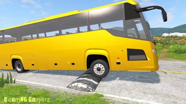 Long Bus, Passenger Bus, School Bus, Police Bus Vs Massive Speed Bumps - BeamNG Drive Gamerz