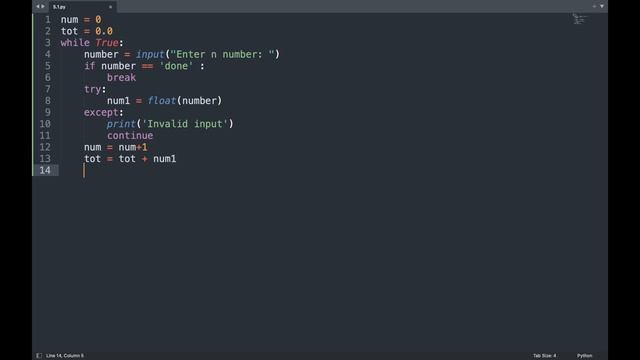 Python For Everybody(Iteration)Exc. 1 | Print total, count, and avg on done| using try/except | py4